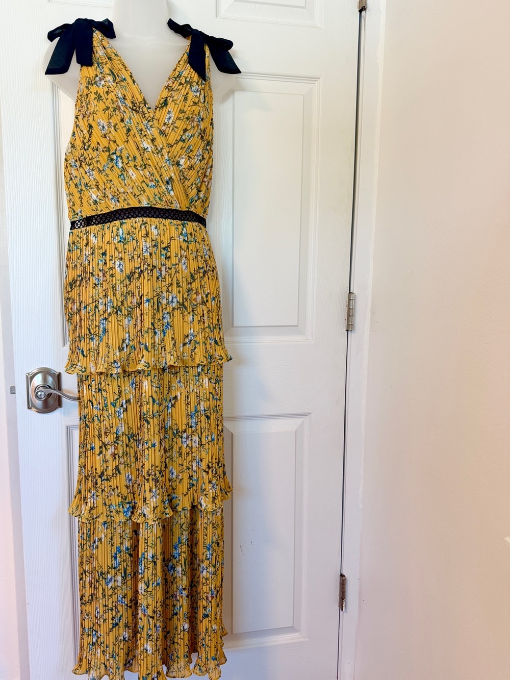 Lulu's Yellow Floral Maxi Dress with Black Tie Straps